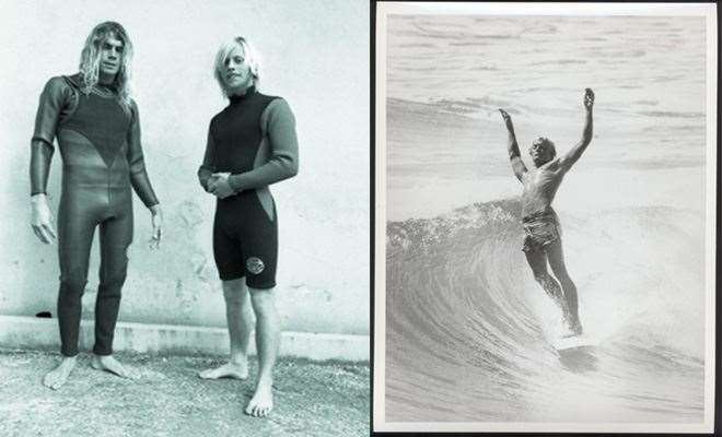MP and Andy McKinnon representing KSC in a 70's Rip Curl wetsuit ad (L) Pic: Mick Eyre. And PT's famous soul arch (R) Pic: Marty Tullemans