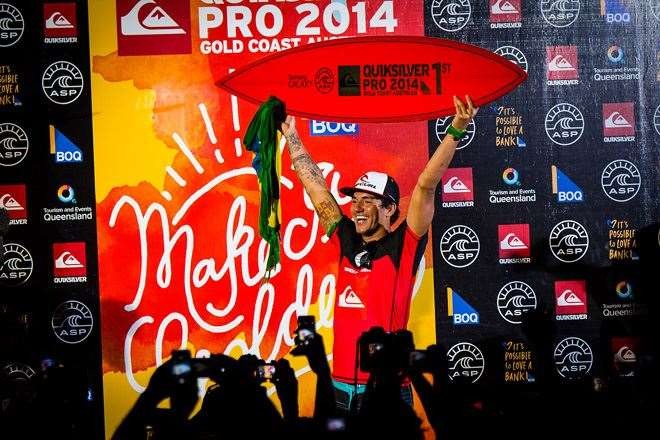The first time a Brazilian has won the Quiksilver Pro and only the second goofy footer to claim a title. Photo by Peter Joli Wilson