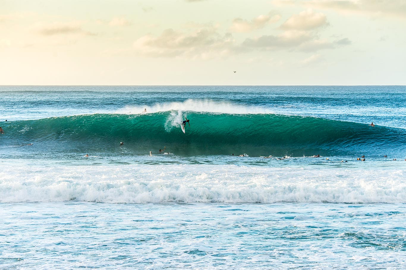 Owen Wright taking the drop at Pipeline in contest surrounded by photographers